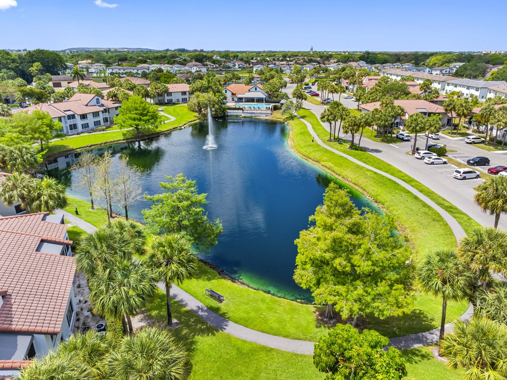 A beautiful aerial view of a residential area with a lake and palm trees.